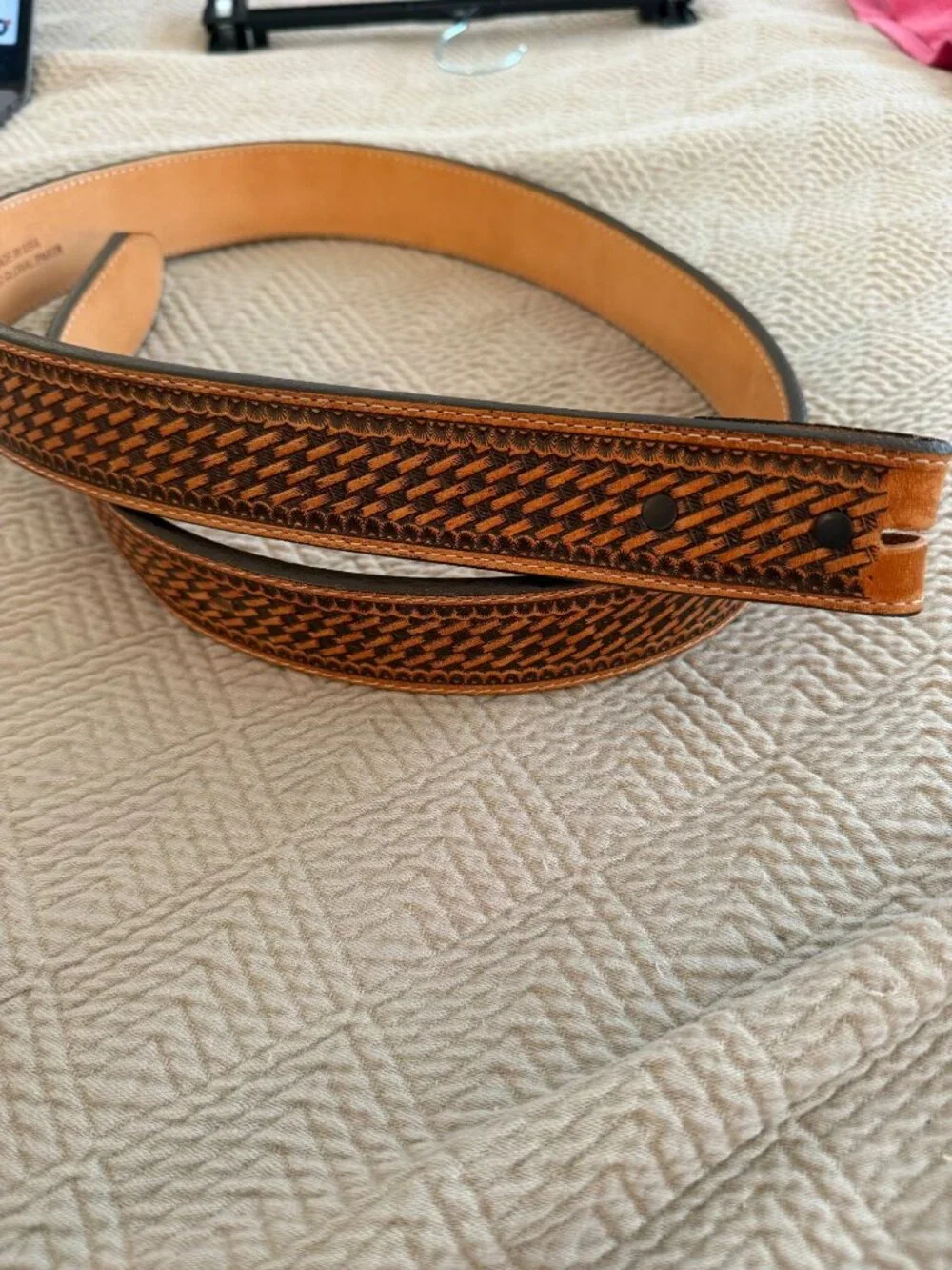 Justin Mens Bronco Weave Leather Western Style Belt Size 38 Tan Brown Casual USA
